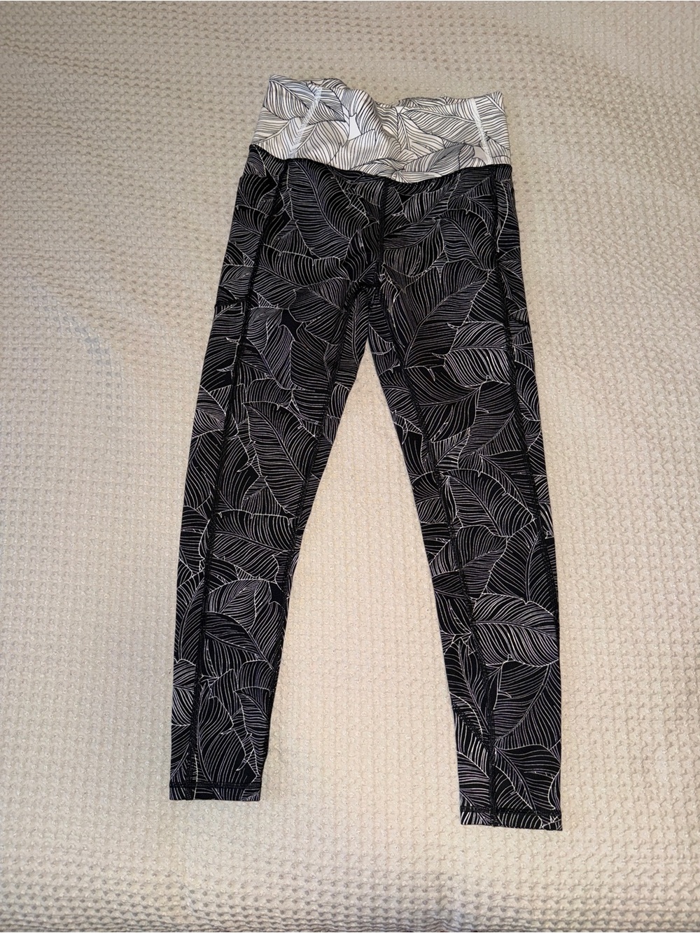 Victoria's Secret Black Leaf-Print High-Waist Leggings with White Waistband
